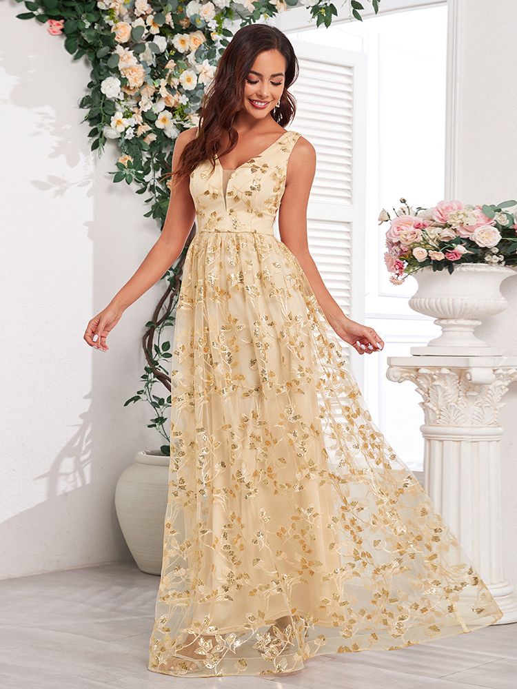 Robe dorée femme motifs fleurs - Main Image