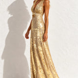 Robe fleurie dorée longue - Robe dorée