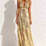 Robe fleurie dorée longue - Dorée / S - Robe dorée